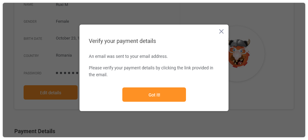 verify your payment details popup chipy
